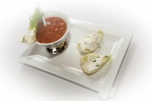 Gaspacho de tomate et mouillette de fenouil au fromage frais